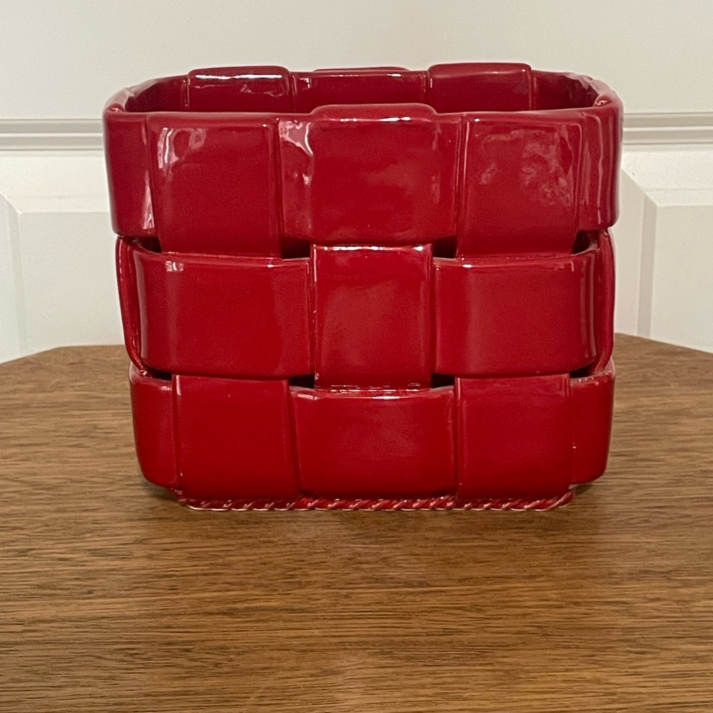 Rare Primo’gi Ceramic Red Weave Decorative Basket. Rectangle. Made In Italy.